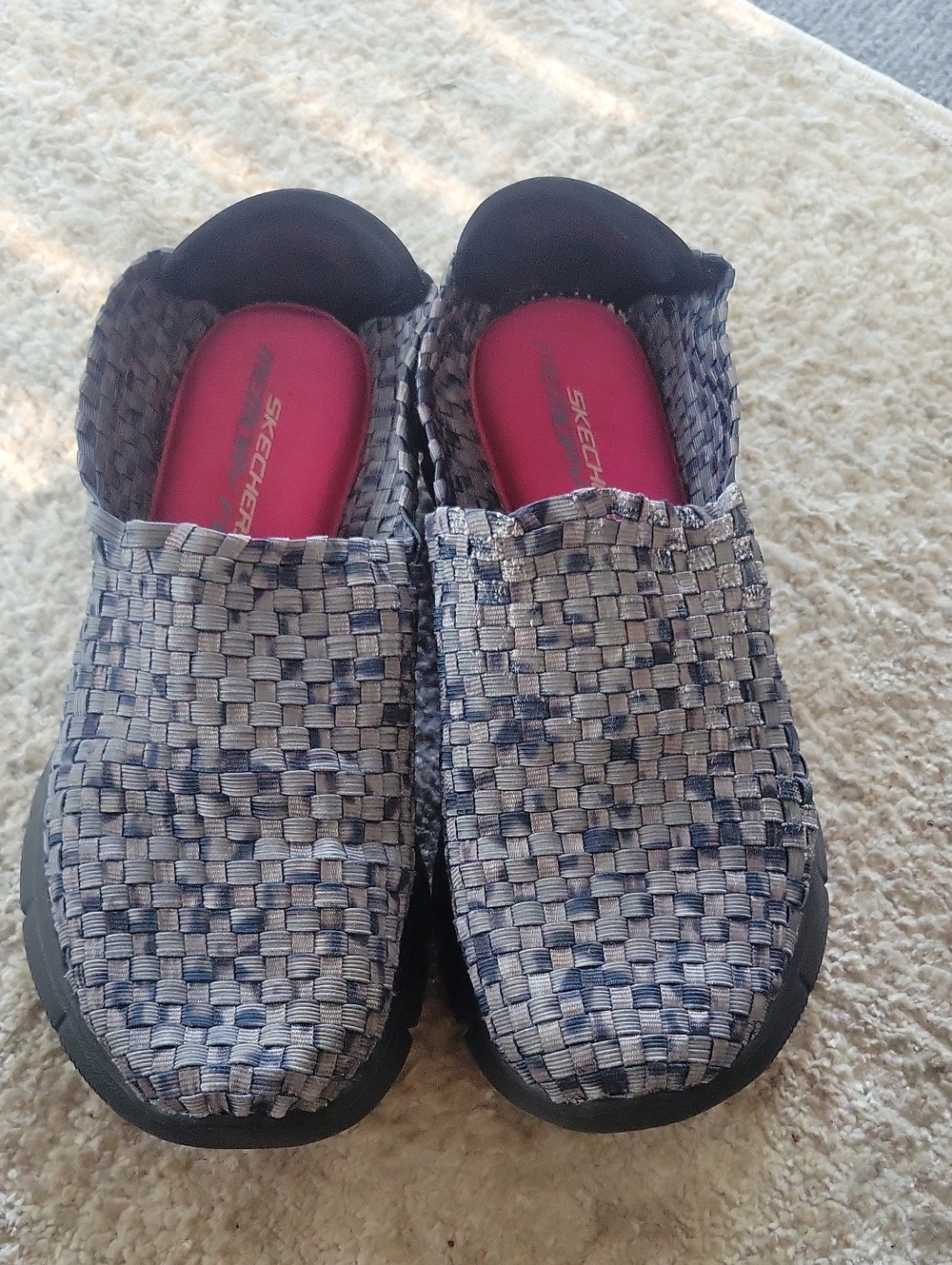 Skechers Woven Slip-On Shoes - Navy Blue, Gray & Pink Insole